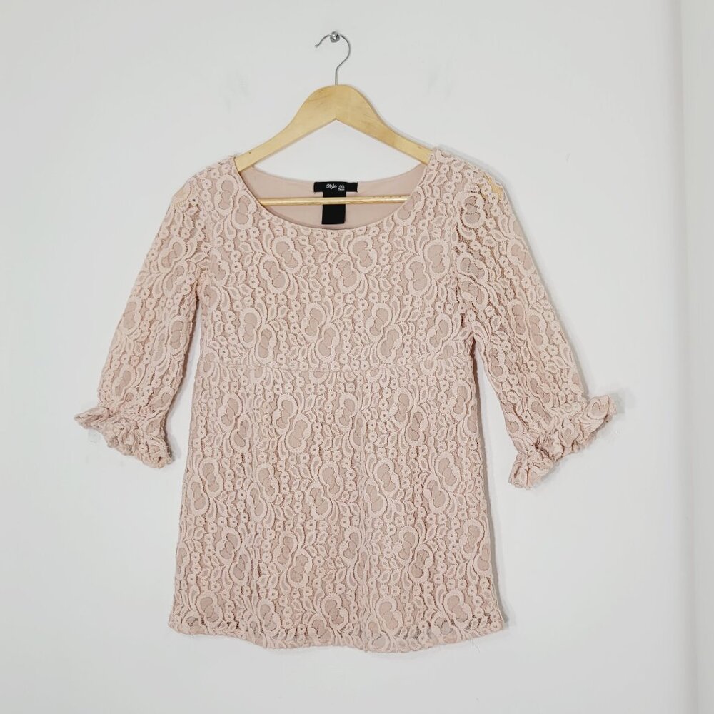 Style & Co Petite Women's Old Rose Scoop Neck ¾ Length Sleeves Floral Lace Top